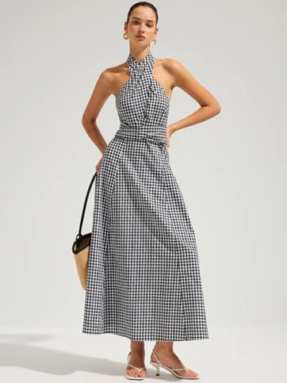 Commense Gingham Halter Maxi Dress in Black and White